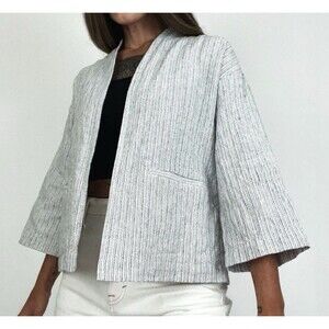 EILEEN FISHER NATURAL ORGANIC COTTON LINEN TICKING STRIPE JACKET LRG
